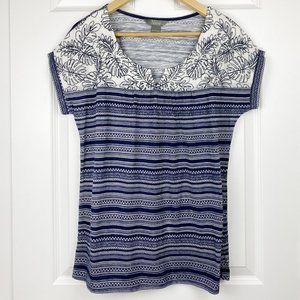 NWOT, Natural Women's Short Sleeve Cotton Blouse Embroider, White/Blue, Size L